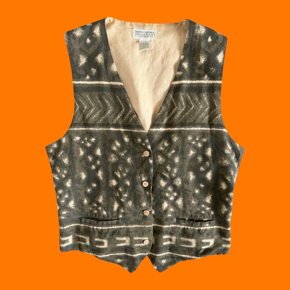 90's vintage earthy boho tribal safari linen blend vest LARGE banana republic